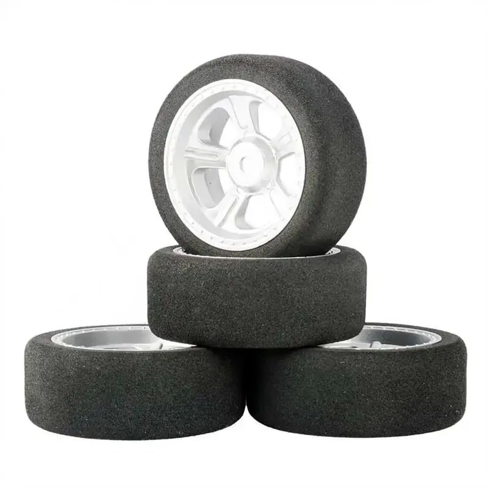 1/10 Scale Sponge Tires and Wheel Rims with 3mm Offset and 12mm Hex Compatible with On-Road RC Racing Car Models(B Silver 4PCS)