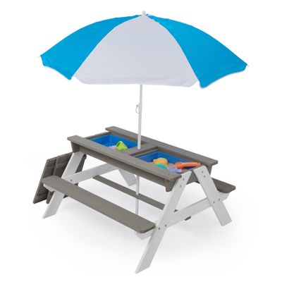 AMNOOI 3-in-1 Kids Outdoor Wooden Picnic Table with Adjustable Umbrella  Convertible Sand & Water Activity Table for Toddlers, Including Sink Toys  for Garden, Backyard & Beach Play (Gray)