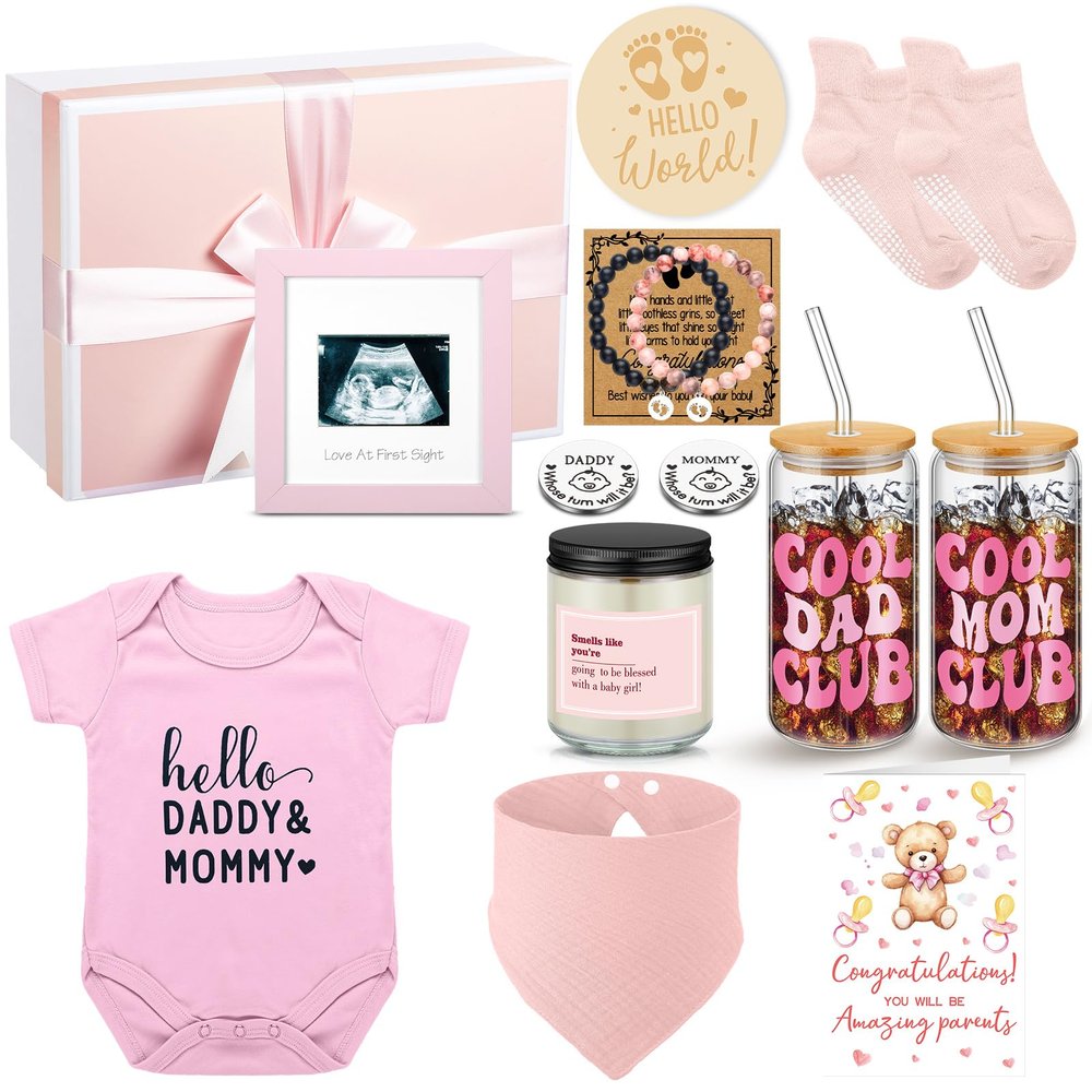 13 Pcs New Mom Gifts for Girls Baby Shower Basket Gift Pregnancy New Parents Basket Gift for Couples Gender Reveal Gifts with Mom and Dad Baby Showers Care Package for First Time Moms