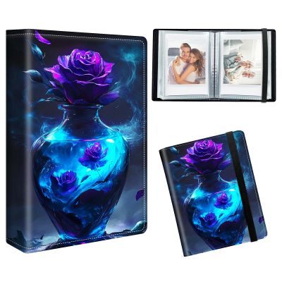 RWUTYTIUL Wedding Photo Album 2x3 60 Photos, Albums de Fotos PU Leather Cover Family Memorial Anniversary Birthday Scrap Book Picture Holds with Strong Elastic Band, Purple Rose Vase