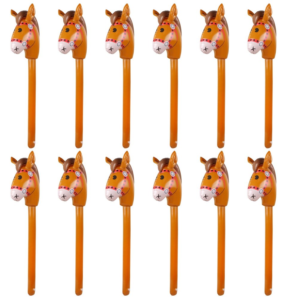 12PCS Inflatable Stick Horse,Blow Up Horse Head on Stick Pony Costume Western Cowboy Cowgirl Baby Shower Birthday Party Decorations Halloween Supplies Favors Props, 38 Inches (Brown)