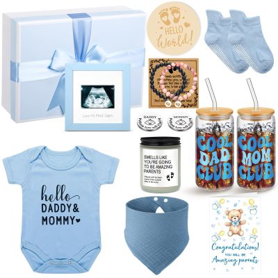 13 Pcs New Mom Gifts for Boys Baby Shower Basket Gift Pregnancy New Parents Basket Gift for Couples Gender Reveal Gifts with Mom and Dad Baby Showers Care Package for First Time Moms