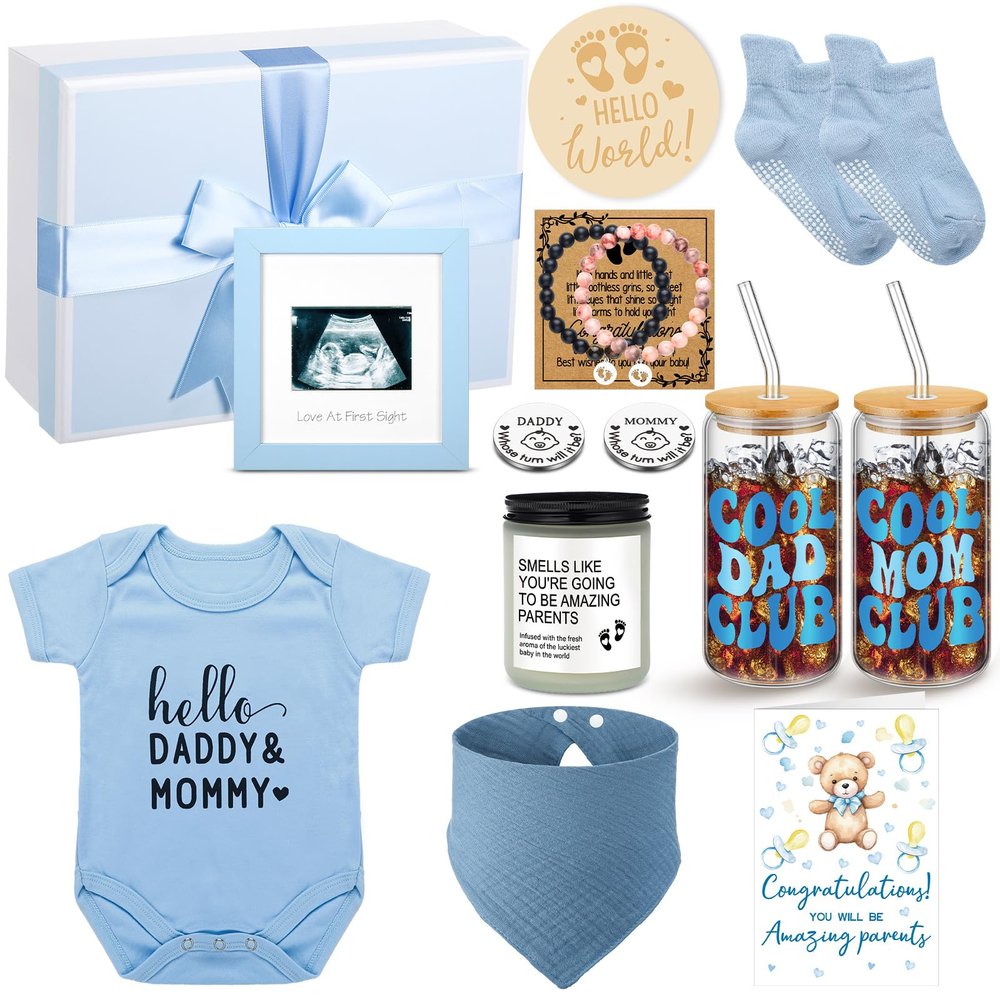 13 Pcs New Mom Gifts for Boys Baby Shower Basket Gift Pregnancy New Parents Basket Gift for Couples Gender Reveal Gifts with Mom and Dad Baby Showers Care Package for First Time Moms