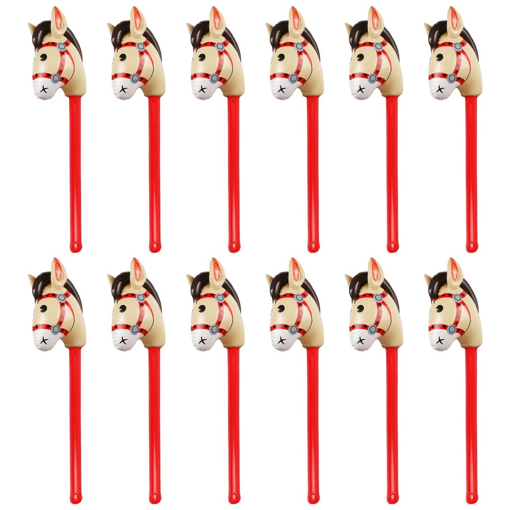 12PCS Inflatable Stick Horse,Blow Up Horse Head on Stick Pony Costume Western Cowboy Cowgirl Baby Shower Birthday Party Decorations Halloween Supplies Favors Props, 38 Inches (Red)