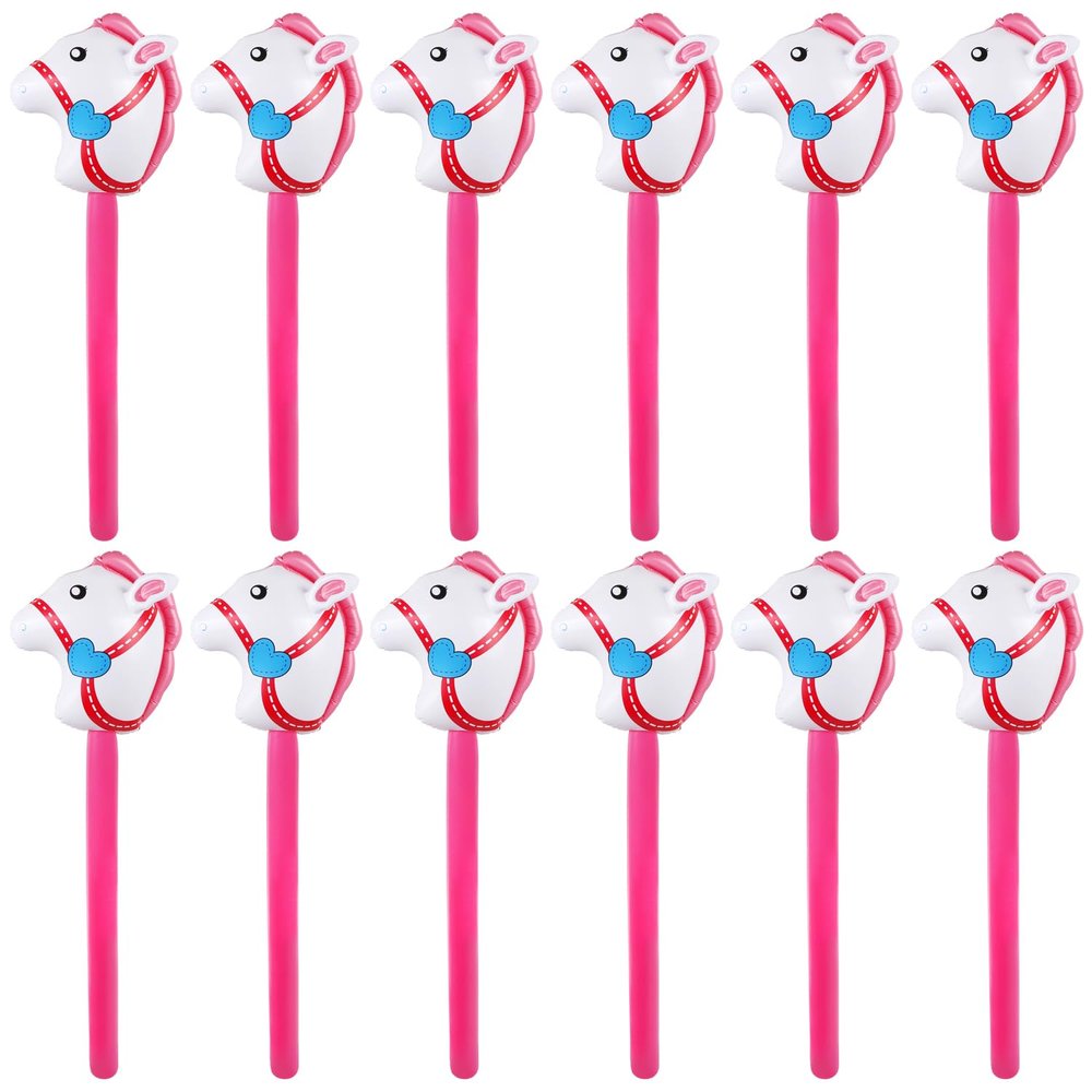 12PCS Inflatable Stick Horse,Blow Up Horse Head on Stick Pony Costume Western Cowboy Cowgirl Baby Shower Birthday Party Decorations Halloween Supplies Favors Props, 38 Inches (Pink)