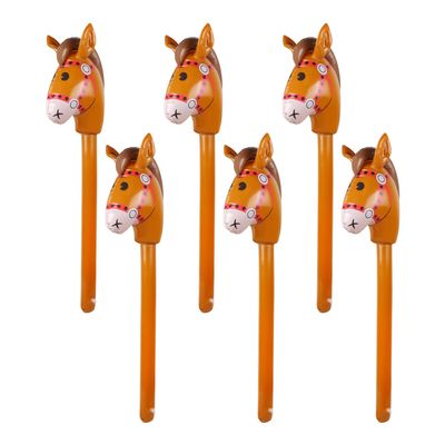 6PCS Inflatable Stick Horse,Blow Up Horse Head on Stick Pony Costume Western Cowboy Cowgirl Baby Shower Birthday Party Decorations Halloween Supplies Favors Props, 38 Inches (Brown)