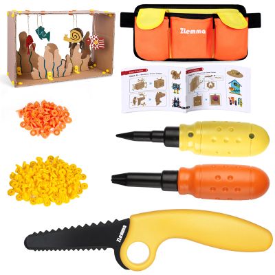 ZLemma Cardboard Construction Tools Kit 124-Pieces with Waist Bag, Safety Ring Saw, Screwdriver, Waist Bag and Gift Box  Safe DIY Construction Kit for Childrens Creative Building & Crafting