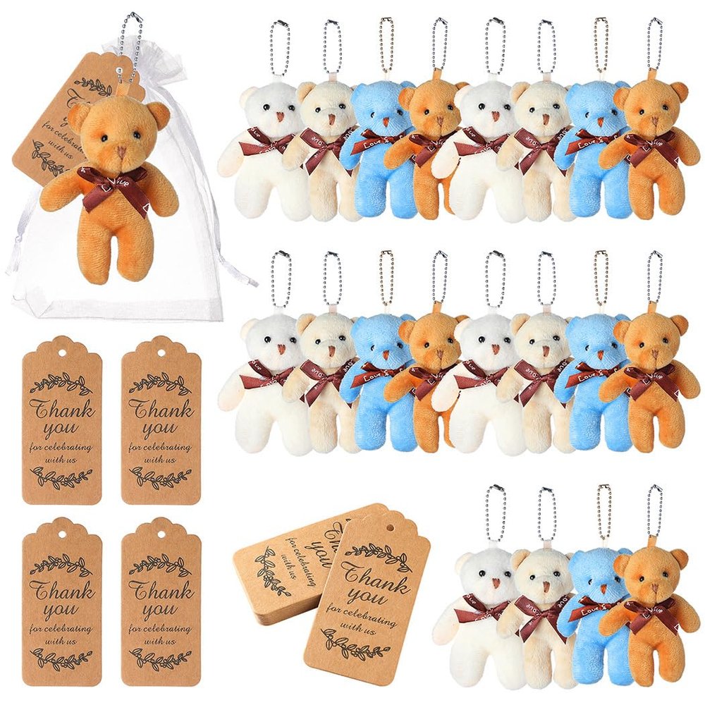 20-Pack Mini Bear Plush Toys, 4 Colors, Thank You Cards & Organza Gift Bags For Baby Showers And Parties