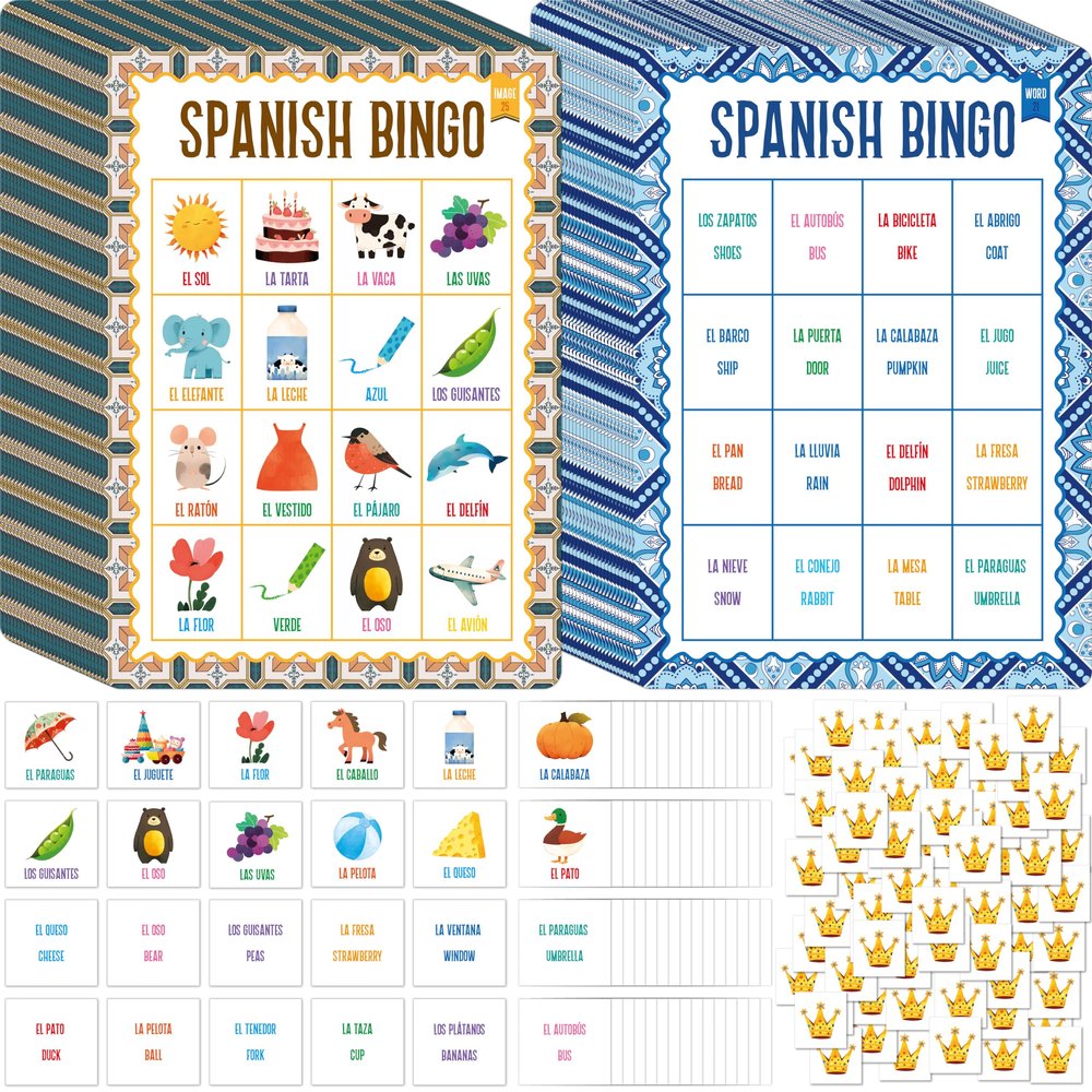 Spanish Bingo Game, 25 Boards for Spanish Vocabulary Bilingual Word Bingo Game Educational Toys for Language Learning - Ages 5 and up (Up to 25 Players)