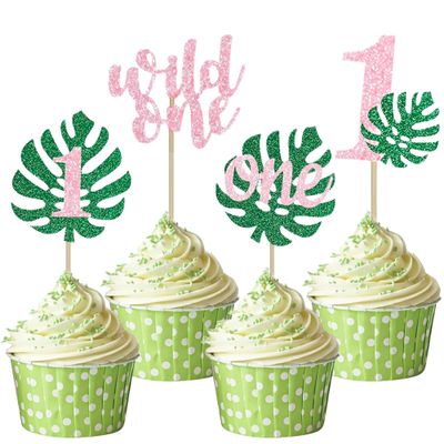 12 Pcs Pink Green Wild One Cupcake Topper Set Glitter 1st Birthday Cupcake Decorations for ungle Theme First Birthday Baby Shower Party Cupcake Decor Supplies