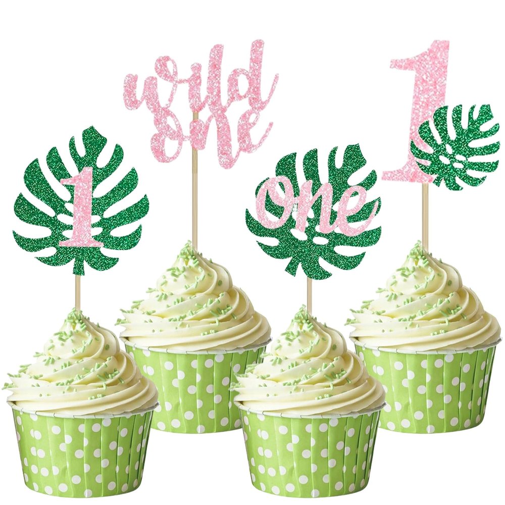 12 Pcs Pink Green Wild One Cupcake Topper Set Glitter 1st Birthday Cupcake Decorations for ungle Theme First Birthday Baby Shower Party Cupcake Decor Supplies