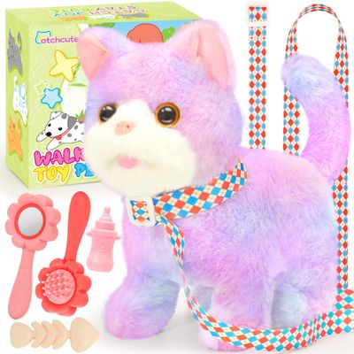 CatchCute Plush Toys Cat for Kids with Leash, Interactive Electronic Kitty That Walking,Meowing,and Tail Wagging, Pretend Play Realistic Cat Christmas Birthday Gifts for Boys and Girls