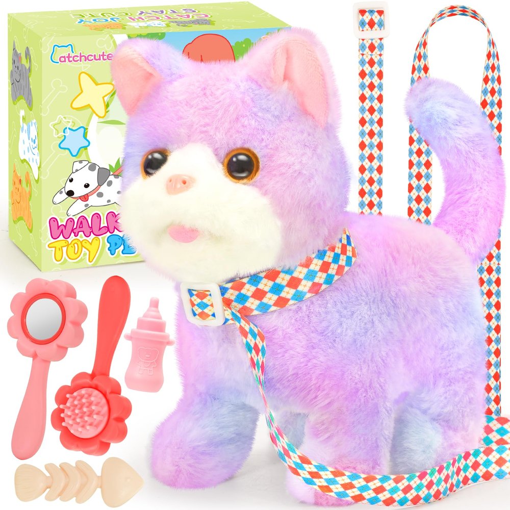 CatchCute Plush Toys Cat for Kids with Leash, Interactive Electronic Kitty That Walking,Meowing,and Tail Wagging, Pretend Play Realistic Cat Christmas Birthday Gifts for Boys and Girls