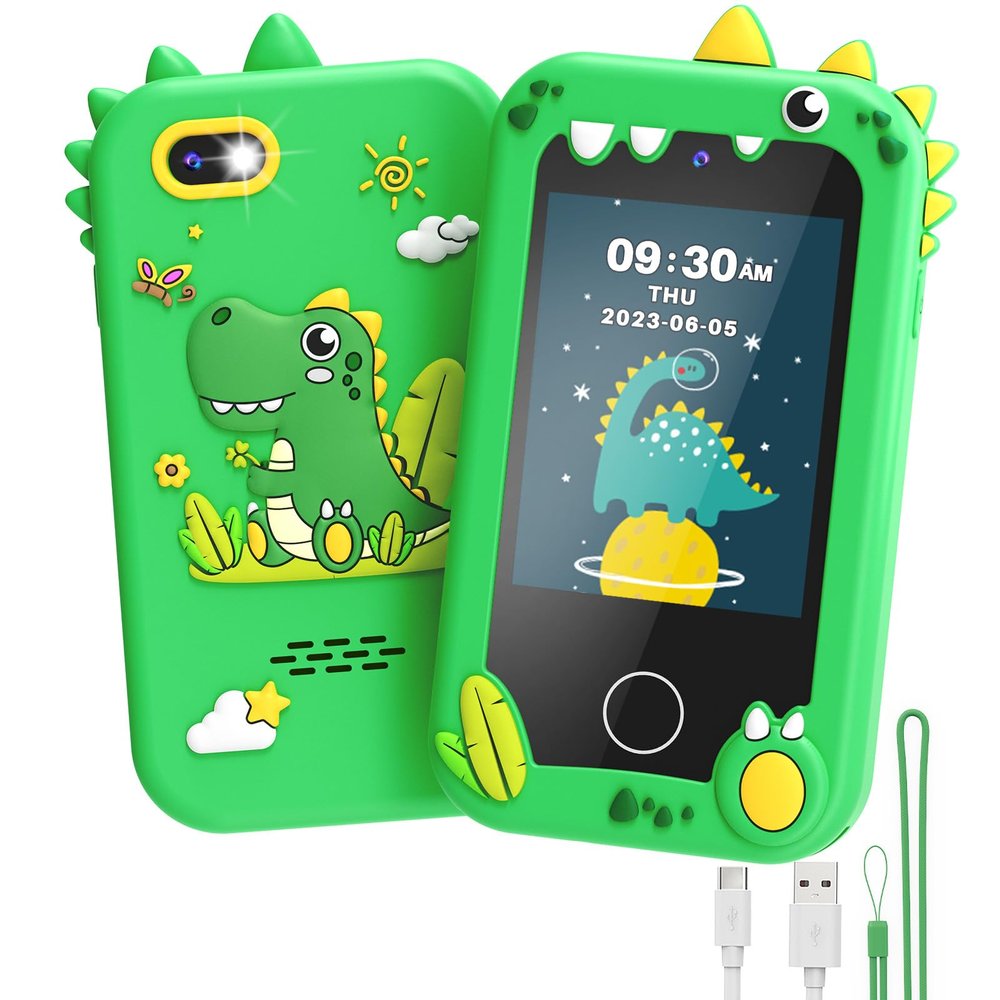 UCIDCI Dinosaur Kids Smart Phone Toys for Boy Dual Camera & Music Player Toddler Selfie Phone Toys Road Trip Toys with Learning Games, Christmas, Birthday Gifts for 3 4 5 6 7 Year Old Green