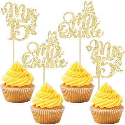 12Pcs Mis Quince Cupcake Toppers - Gold Glitter 'Mis 15' Butterfly Cupcake Decorations for 15th Birthday Theme Party Supplies