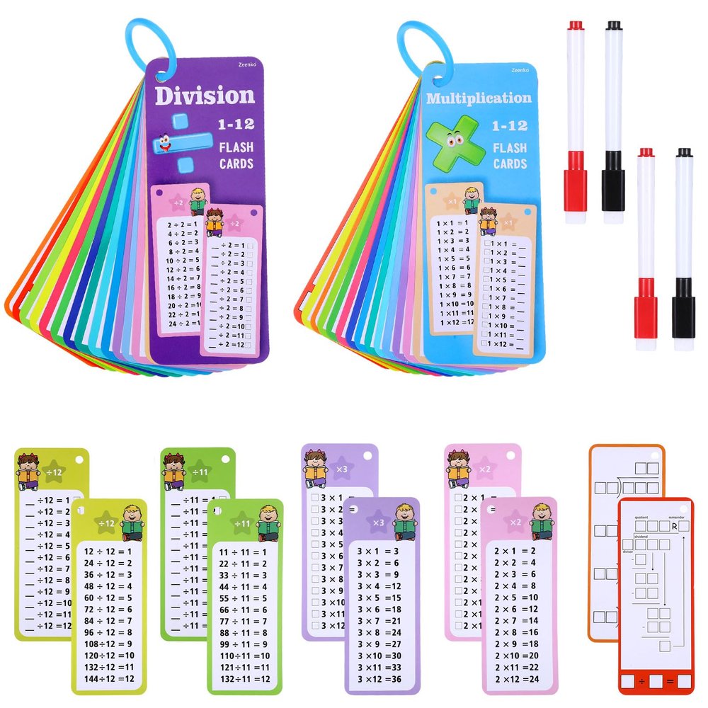 30PCS Reusable Multiplication Flash Cards&Division Flash Cards with 4 Dry Erase Pens 2 Rings,Math Flashcards for 1st to 3rd Grades,Math Games for Classroom and Home