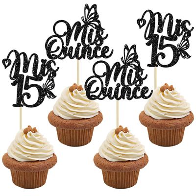 12Pcs Mis Quince Cupcake Toppers - Black Glitter 'Mis 15' Butterfly Cupcake Decorations for 15th Birthday Theme Party Supplies