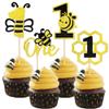 12 Pcs Bee One Cupcake Toppers - Glitter Honeycomb Number 1 Picks for Bee Theme Baby Shower Boys Girls First Birthday Party Supplies view 1