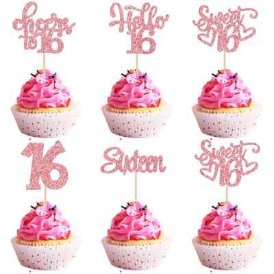 10 Pcs Happy 16th Birthday Cupcake Toppers - Rose Gold Glitter Sweet 16 Cupcake Picks for Happy 16th Birthday Anniversary Party Cake Decoration
