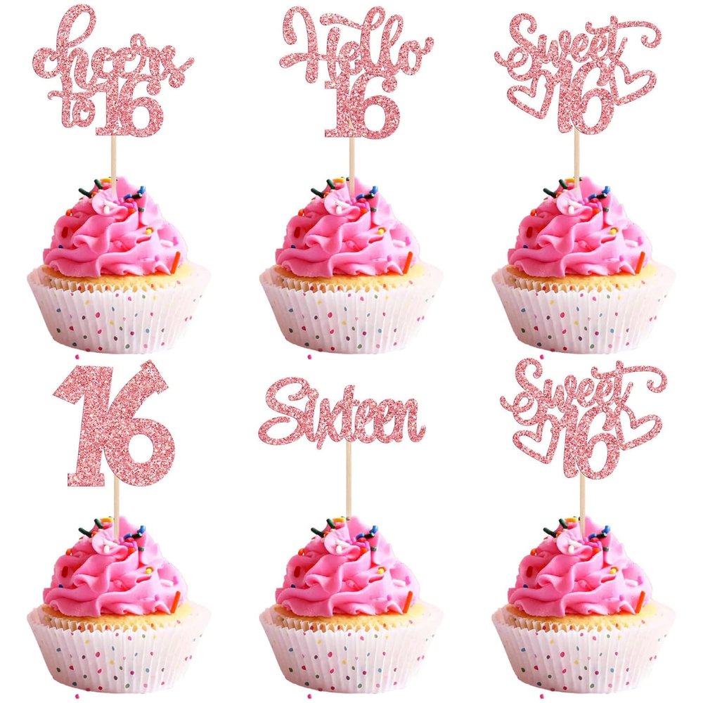 10 Pcs Happy 16th Birthday Cupcake Toppers - Rose Gold Glitter Sweet 16 Cupcake Picks for Happy 16th Birthday Anniversary Party Cake Decoration