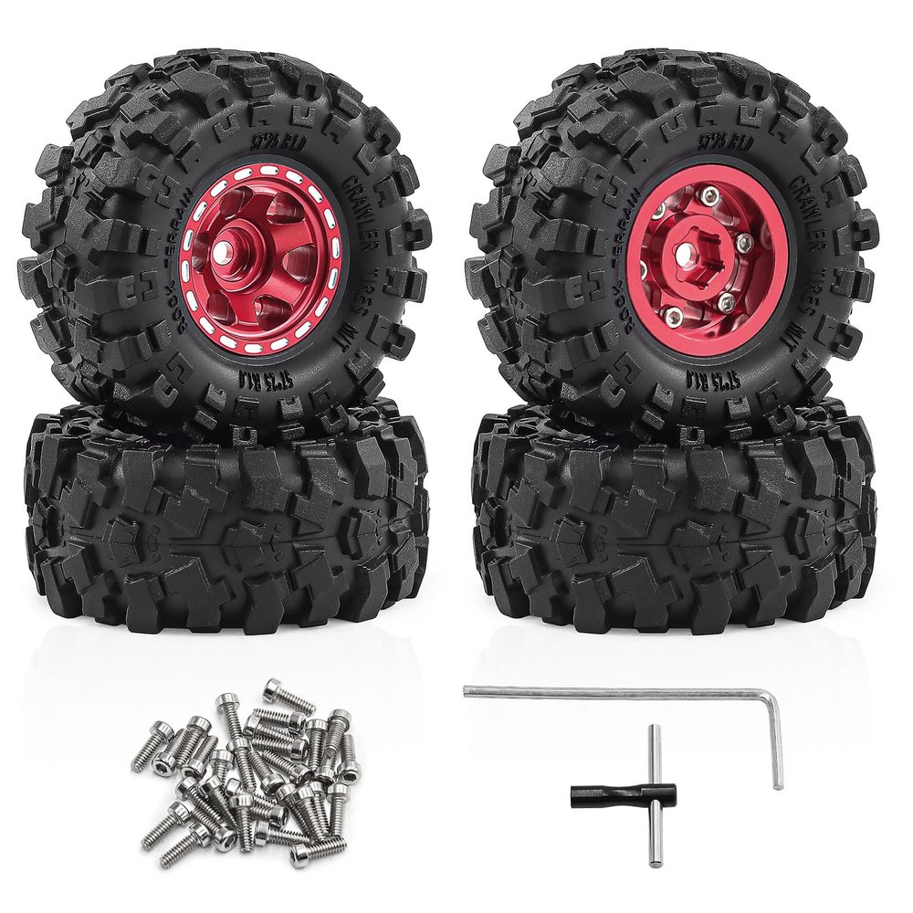 1.0" Beadlock RC Wheels and Tires for 1/18 TRX4M,1/24 Axail scx24 RC Crawler,1.0 Beadlock Tires w/Alloy Aluminium Wheels 1.0 rc Beadlock Rims,4PCS (red)