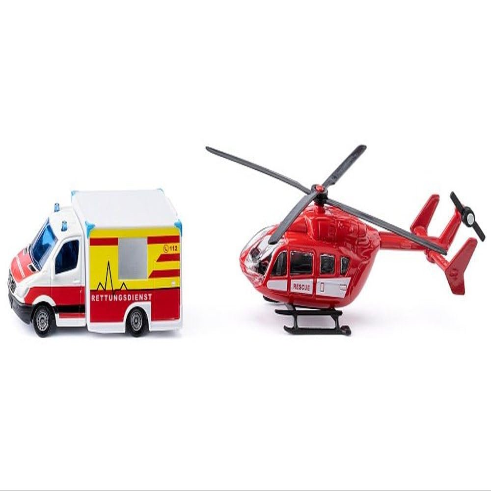 siku 1748 Emergency Service Kit, Rescue Helicopter and Mercedes Benz Ambulance Toy for Kids, Metal/Plastic, Red/White, Rotating Rotors