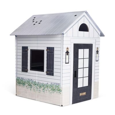 Modern Farmhouse Kids Playhouse Indoor, White with Black Trim, Foldable with Decorative Details