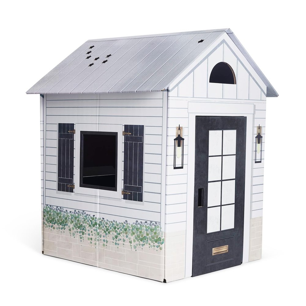 Modern Farmhouse Kids Playhouse Indoor, White with Black Trim, Foldable with Decorative Details