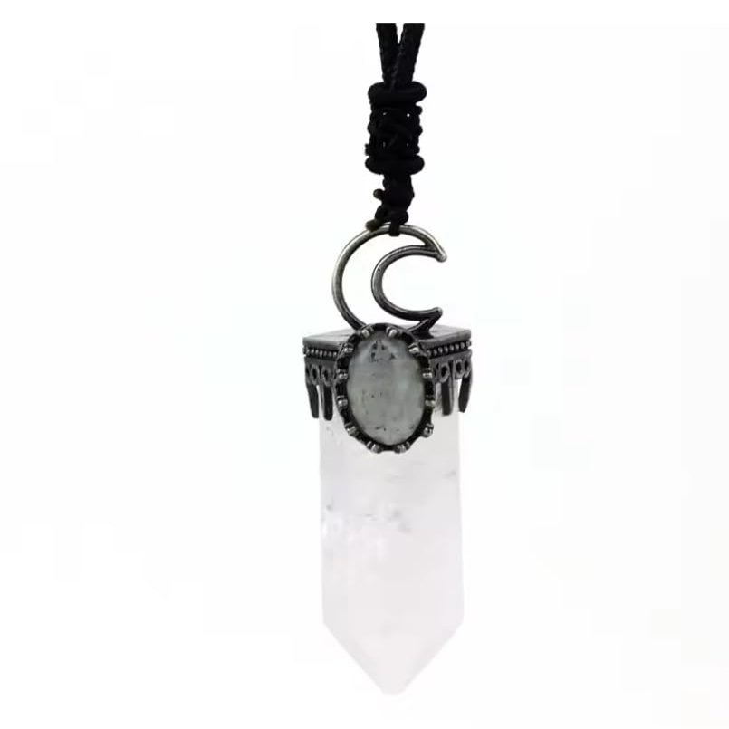 60x23mm Hexagon Stone Pendant Necklace For Women Natural Amethyst Braided Rope Adjustable Pendant Necklace,white,26inch/66cm