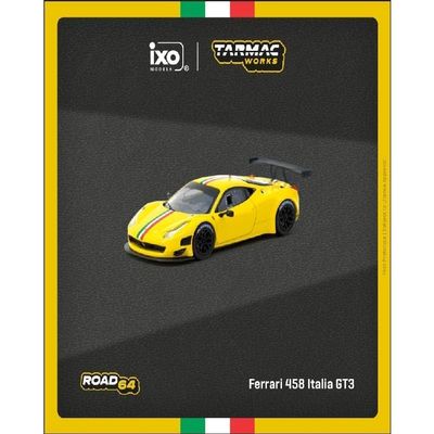 1/64 Tarmac Works 458 Italia GT3 Yellow Road64 Diecast Model Car - T64R-073-YL