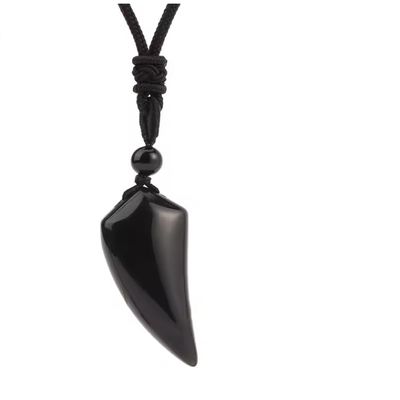 4 * 2cm Natural Stone Wolf Tooth Pendant Necklace For Man Pendants Halloween Women,Obsidian,43.5cm