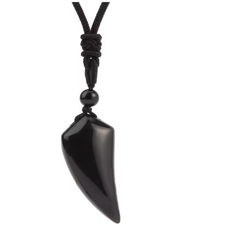 4 * 2cm Natural Stone Wolf Tooth Pendant Necklace For Man Pendants Halloween Women,Obsidian,43.5cm