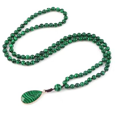 6/8mm Green Malachite Long Necklace For Women Men Natural Stone Knotted Rosary Beaded Drop Pendant Bohemia Necklaces,Green Malachite 6mm,70-80cm