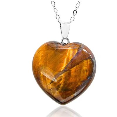 3 * 3.3cm Natural Stone Necklace Heart Shaped Chakra Necklace For Women,Tiger Eye,48cm +5CM