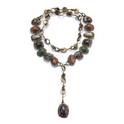 11.5cm Vintage Accessories Boho Gold Metal Multicolor Gem Stone Chain Long Statement Necklace For Women,Gold,70cm