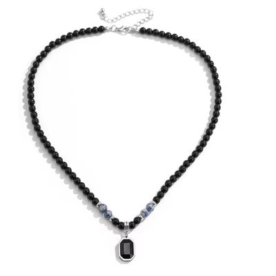 1.5 * 1cm Stainless Steel Square Pendant Necklace For Men Natural Stone Acrylic Bead Strand Necklace ,blue,47.5+7cm