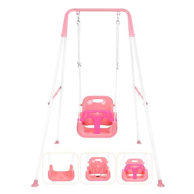 3-in-1 Toddler Swing Set, Indoor & Outdoor Baby Swing Heavy Duty Swing Set with Foldable Metal Stand for Aged 6 Months to 10 Years Old, Easy to Assemble and Store (Pink)