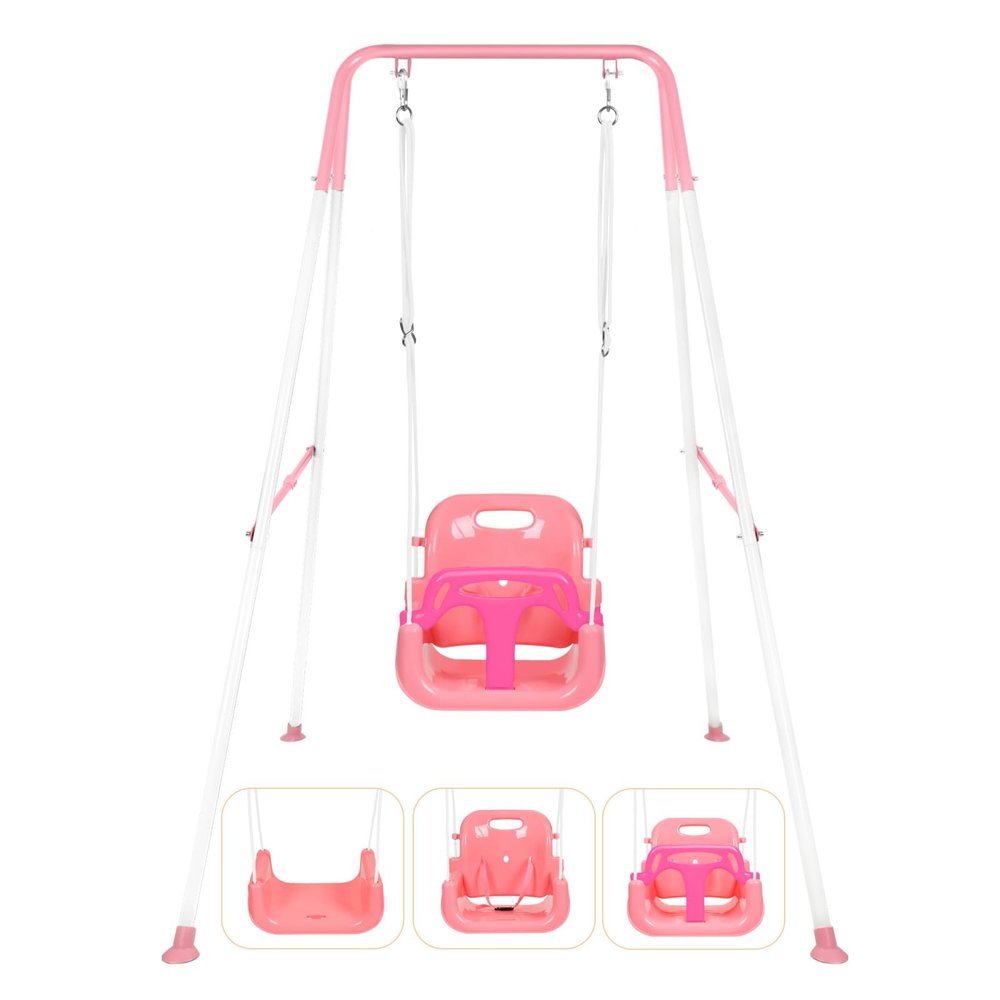 3-in-1 Toddler Swing Set, Indoor & Outdoor Baby Swing Heavy Duty Swing Set with Foldable Metal Stand for Aged 6 Months to 10 Years Old, Easy to Assemble and Store (Pink)