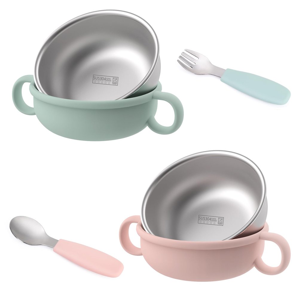 EsOfficce Stainless Steel Baby Bowls, 8.5fl Oz Kids Bowl with Anti-scald Removable Silicone Shell, BPA Free Baby Feeding Bowls with Fork Spoon for Snacks, Ice Cream, Cereal, Soup, Fruit (Pink+Green)