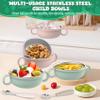 EsOfficce Stainless Steel Baby Bowls, 8.5fl Oz Kids Bowl with Anti-scald Removable Silicone Shell, BPA Free Baby Feeding Bowls with Fork Spoon for Snacks, Ice Cream, Cereal, Soup, Fruit (Pink+Green) view 2