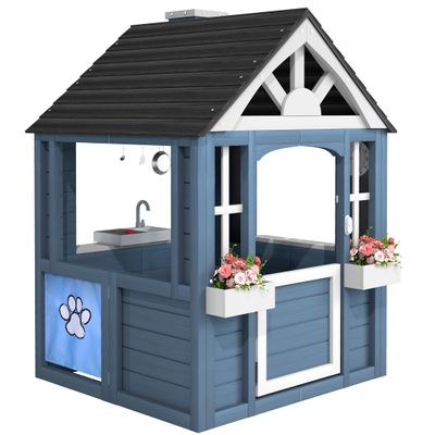 Jocoevol Kids Outdoor Playhouse, Cedar Wooden Playhouse with Kitchen, Pet Door, Sink, Stove, Cookware, Windows, Flowerpot Holders, and Ringing Doorbell, Perfect Backyard Cottage for Imaginative Play