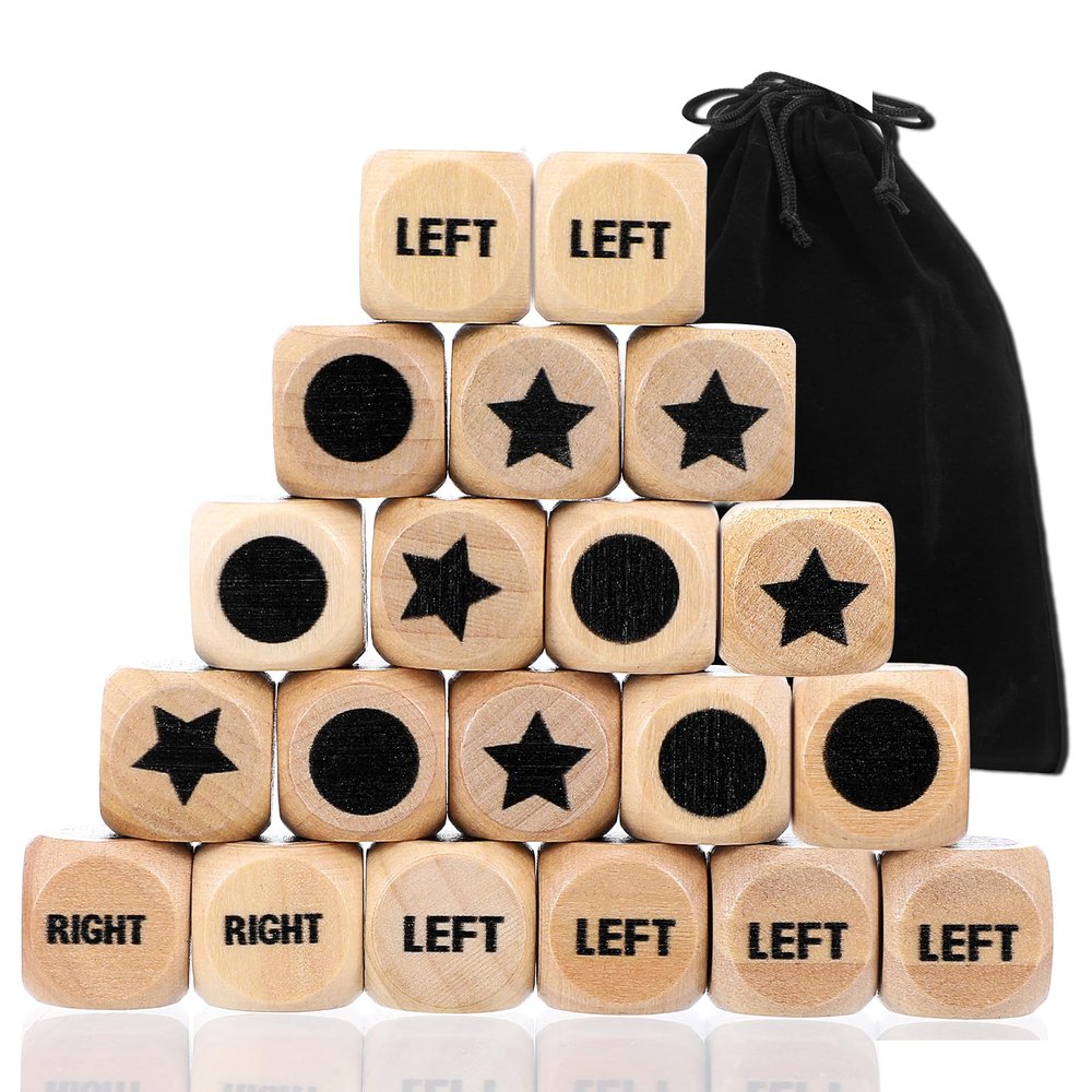 Hpmjz 15 Pcs Left Right Center Game Dice 16mm Wooden Dice with Drawstring Bag Standard Size 6 Sided for Left Right Center Game Dices Accessorie Family Indoor Outdoor Travel Easy to Store and Carry