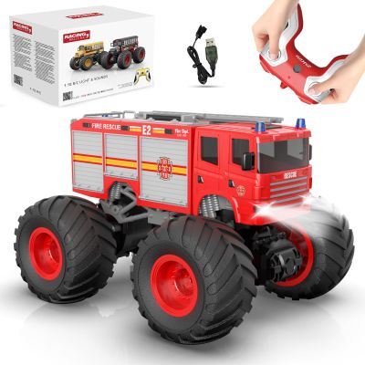EversaleT 1/18 Remote Control Fire Truck Toy for Kids, 2.4GHz RC Monster Truck Toy with LED Lights & Sound, Rechargeable Electric Vehicle, Gift for Boys Girls