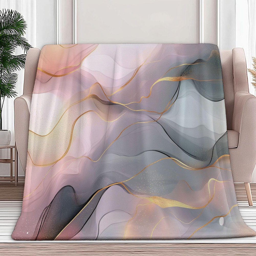 Fleece Baby Blanket for Girls Boys Pink Throw 50"x60" Marble Gold Line, Fluffy Fuzzy Flannel Soft Warm Plush Cozy Bed Blanket for Home Decor, Toddlers Infant