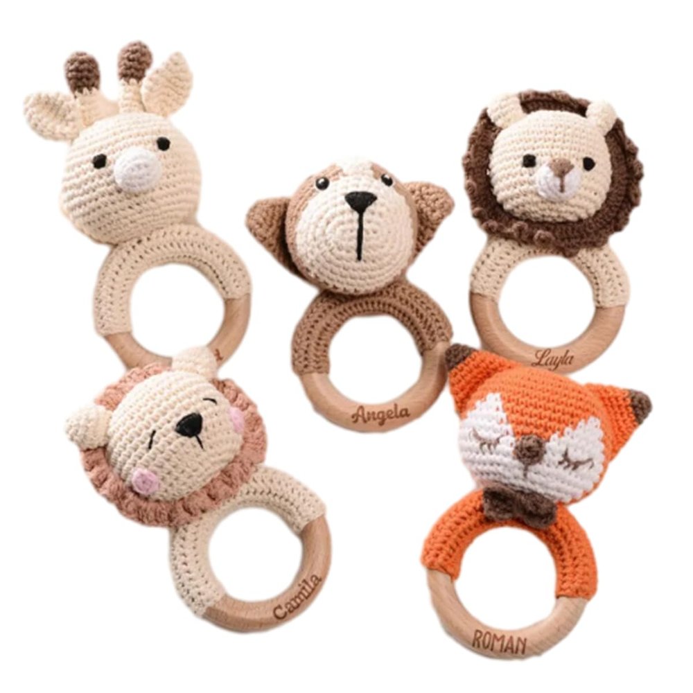 Personalized Baby Crochet Rattle with Name,Custom animal rattle toy,Handmade Crochet Stuffed Animal & Wooden Teething Ring,Wooden Baby Rattle,Custom Newborn Gift for Baby Shower,Birthday Gift