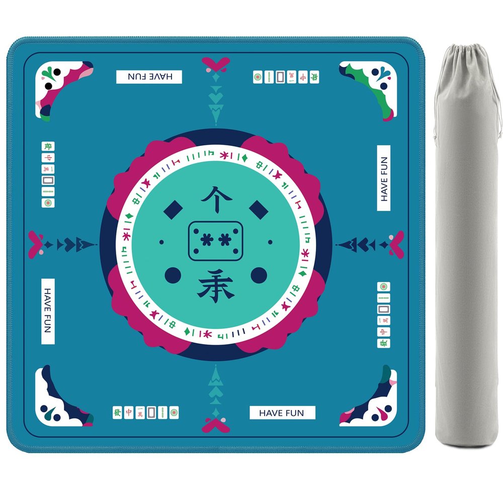 2F22E Mahjong Table Mat for American Mahjong, Neoprene Non-Slip Noise Reduction Mat with Printed Rules, 32.4 x 32.4 Inch Blue Table Cover for Poker, Cards & Board Games