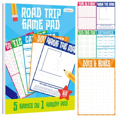 Road Trip Game Pad, 80 Tear-Off Sheets 5 Classic Games in 1 Pad, Dots & Boxes, Tic-tac-Toe, Categories, Plane Travel, Car Trip Activity, Pen Pencil & Paper Game for Kids, Adults (4 x 6)