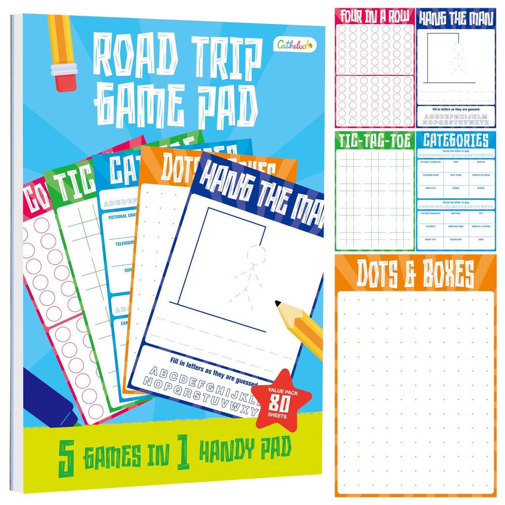 Road Trip Game Pad, 80 Tear-Off Sheets 5 Classic Games in 1 Pad, Dots & Boxes, Tic-tac-Toe, Categories, Plane Travel, Car Trip Activity, Pen Pencil & Paper Game for Kids, Adults (4 x 6)