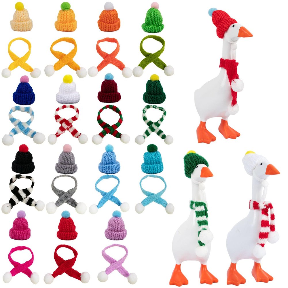 30 Pcs Desk Goose Outfits 7inch Mini Goose Winter Clothes with Adjustable Knitting Hats&Scarves, Valentine, All Season Desktop Goose Outfits Costume Funny Decor Acceccories for Desk Geese Duck Statue