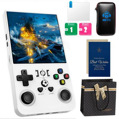 R36Max Retro Handheld Game Console Premium Gift Set (with Star Card & Black Gold Bag),4" IPS Screen,128GB 21000+Games,Portable Handheld Linux System for Adults (White*128Gb)